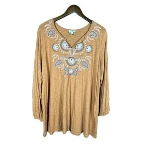 J. Jill Embroidered Tunic Top Burnt Orange Brown‎ XL Boho Fall Casual Office